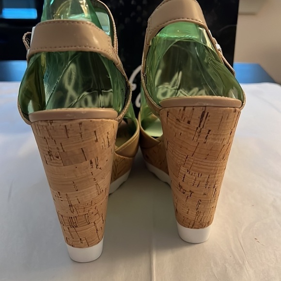 Sam Edelman Karina Nude Leather cork heels platform side buckle sandals Sz 10 - Picture 5 of 10